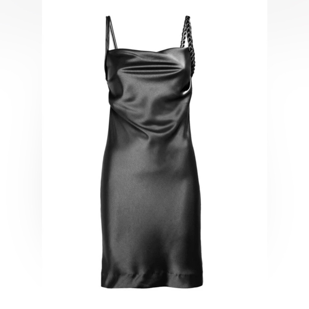 House of Harlow Black Satin Cowl Neck Dress with Braided Straps Classic Cocktail